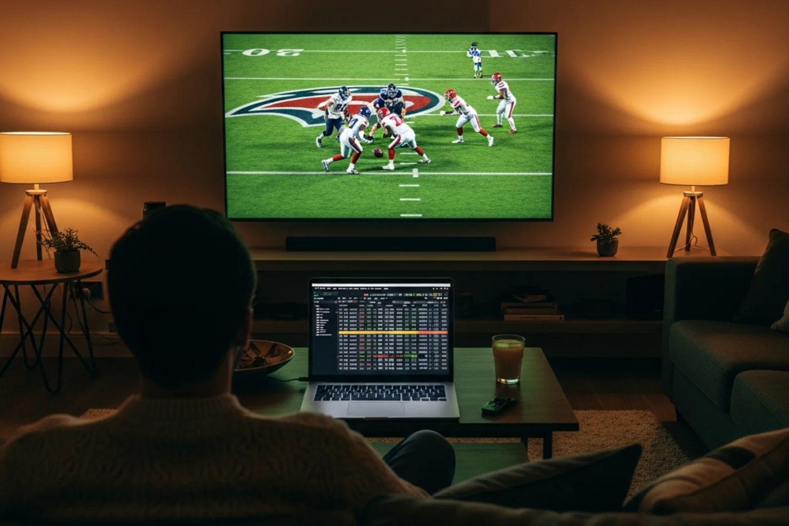 Person watching an NFL game on a large screen with a laptop open to prop betting markets